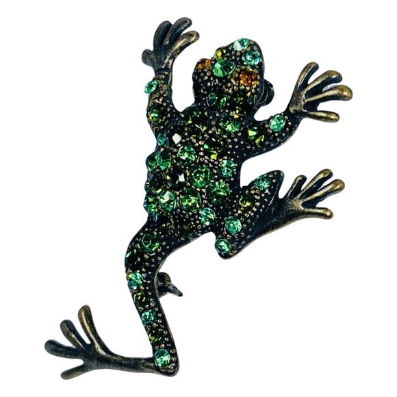 Green Crystal Frog Brooch Pin 3" Toad Whimsical Figural - Picture 4 of 10